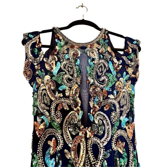 Stunning Primavera Couture Fully Sequins Beaded Cold Shoulder Evening Prom Gown - Picture 3 of 6